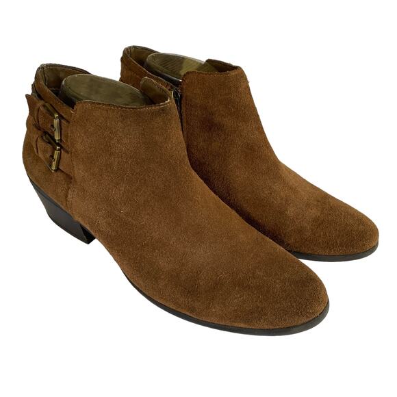 SAM EDELMAN Women's Size 9 Petal Booties Brown Suede Double Buckle Side Zip - Picture 1 of 15
